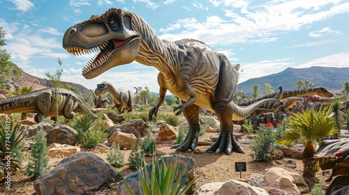 Dinosaur Park Adventure A prehistoric park filled with lifelike dinosaur sculptures towering fossils and interactive exhibits  AI generated illustration photo