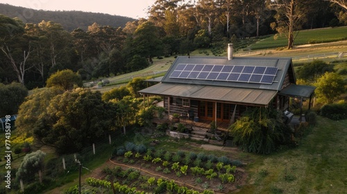 EcoFriendly Farmstead Cinematic shots of a selfsufficient farmstead powered by renewable energy with passive solar design rainwater catchment AI generated illustration