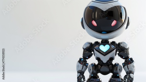 A robot with a heart on its chest is sitting on a white background. The robot's eyes are glowing red, giving it a creepy appearance