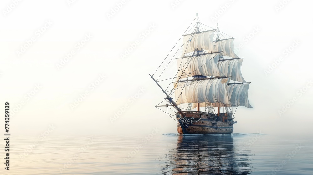 A large white ship sails on the ocean. The sky is overcast and the water is calm