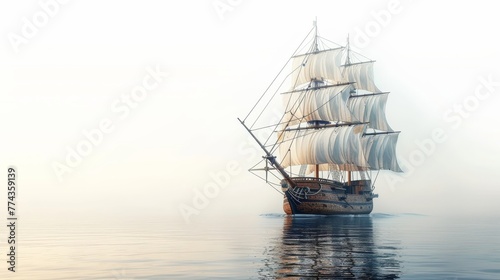 A large white ship sails on the ocean. The sky is overcast and the water is calm