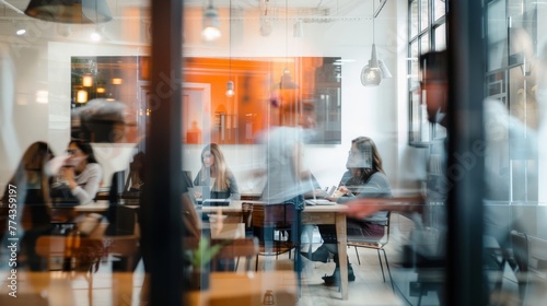 Employees convene in a modern office setting their faces blurred AI generated illustration