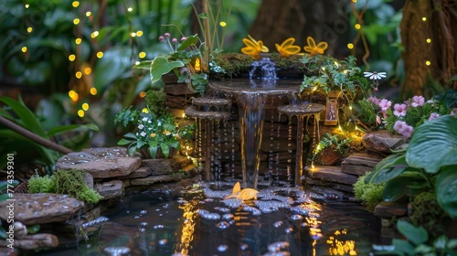 Enchanted Fairy Garden A whimsical garden inhabited by playful fairies with twinkling fireflies tinkling fountains and sparkling magic dust AI generated illustration