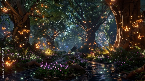 Enchanted Forest A magical D forest filled with towering trees sparkling streams and whimsical creatures AI generated illustration