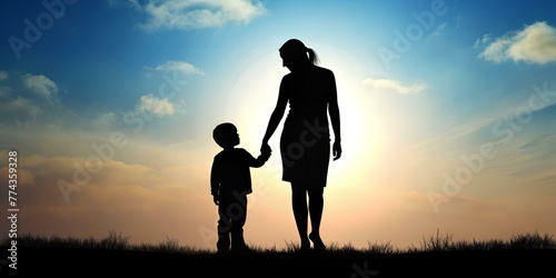 Radiant Mother-Son Silhouette Holding Hands: Honor Motherhood with this Touching Illustration