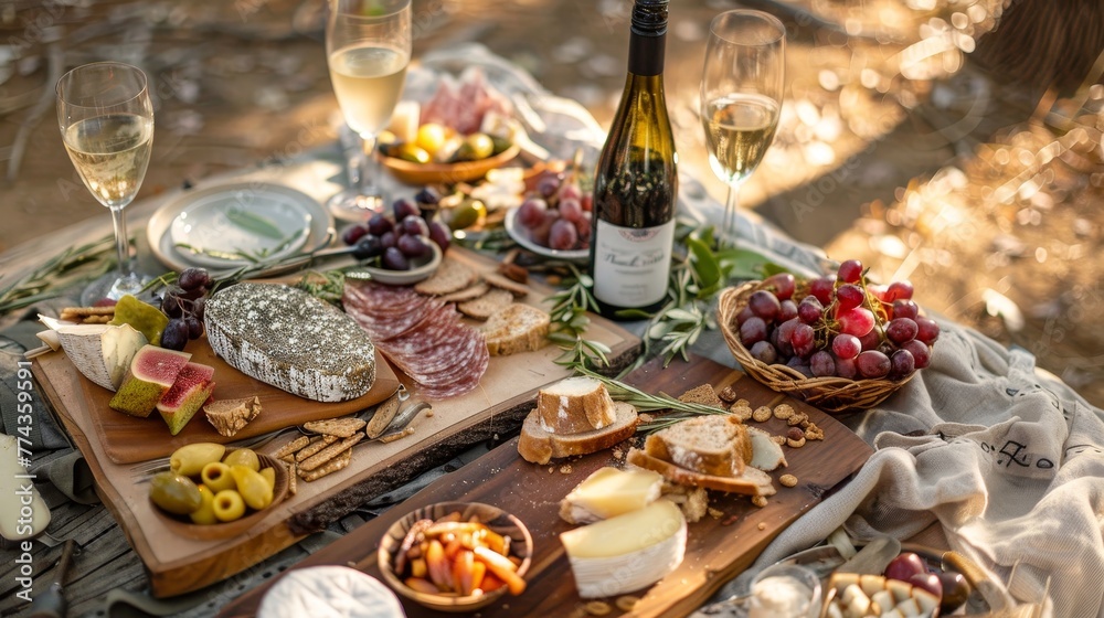 Epicurean Escapes Detailed photographs of epicurean escapes delivered featuring curated picnic baskets wine and cheese pairings and gourmet spreads AI generated illustration Epicurean Escapes Detailed photographs of epicurean escapes delivered featuring curated picnic baskets wine and cheese pairings and gourmet spreads AI generated illustration