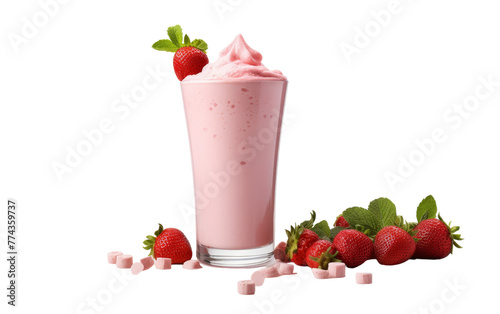 A glass of creamy milkshake surrounded by vibrant strawberries and refreshing mint leaves