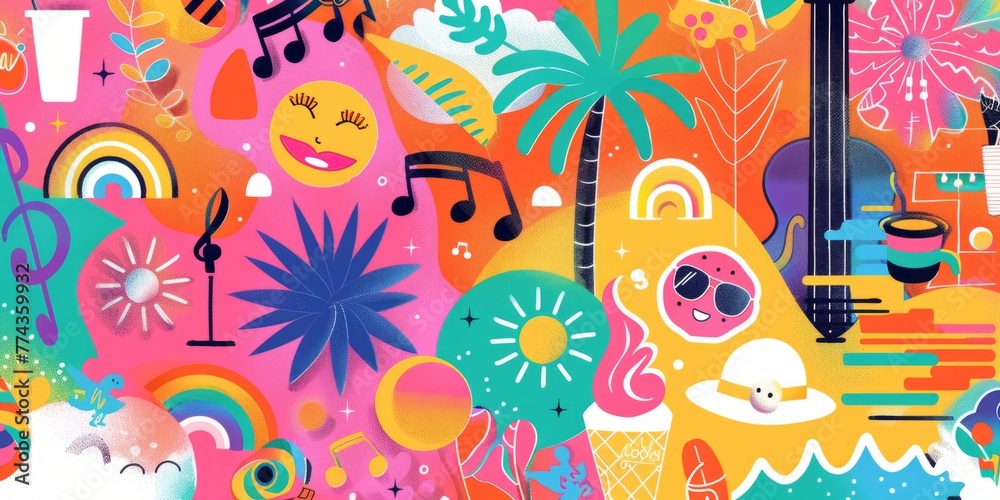 vibrant and colorful flat design featuring various summer elements atmosphere of fun and excitement for festival activities Generative AI