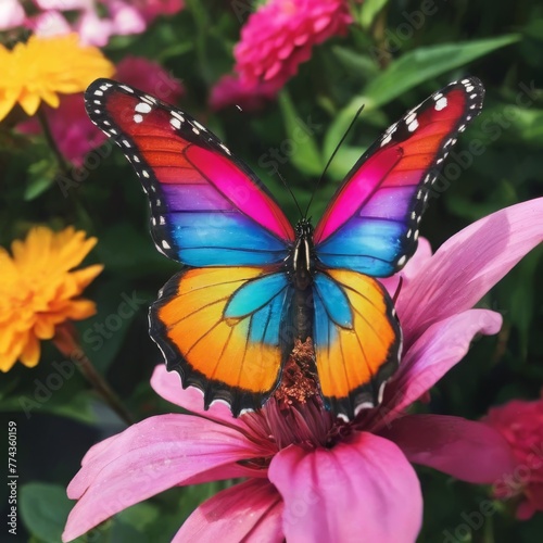 A stunning, multicolored butterfly perched on a pink flower, captured with exquisite detail, epitomizing nature's diversity and vibrancy.