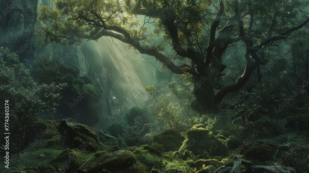 Fototapeta premium Fantasy Forests Cinematic shots of enchanted forests and magical woodlands evoking the sense of wonder and adventure found in fairy tales AI generated illustration