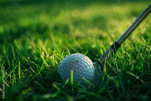 Golf ball on artificial grass in blue sky,Golf on tee.