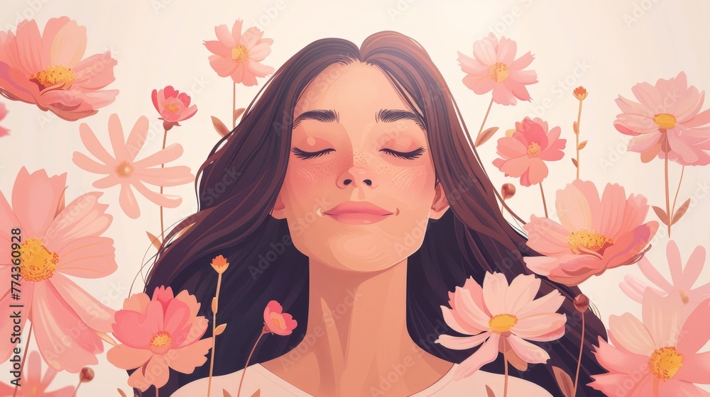 Woman Smiling in Pink Flower-Filled Nature Scene with Light Generative AI
