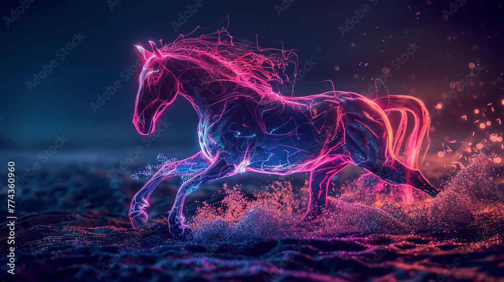 Running horse, abstract neon background. - obrazy, fototapety, plakaty 
