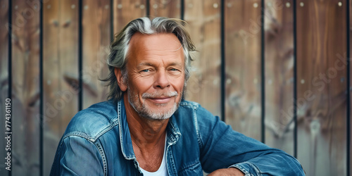 Handsome middle aged 50 years old man dressed in a denim jacket. Man sitting next to a wooden fence and looking at the camera.