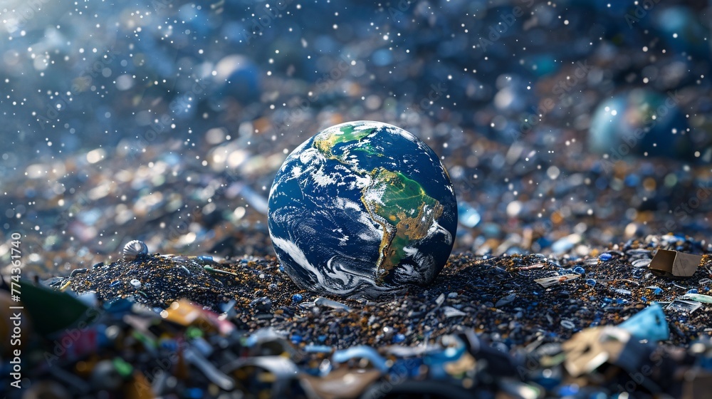 Earth globe in trash dump Earth globe in trash dump