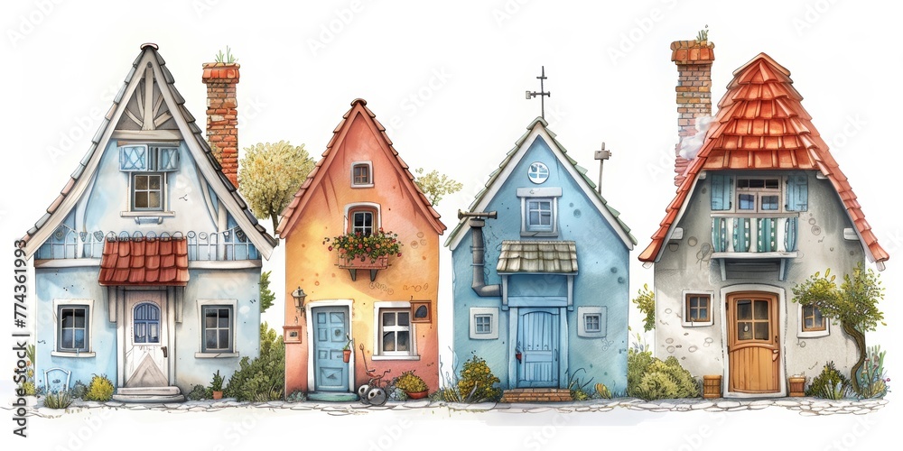 Four Charming Pastel-Colored Village Houses on White Background Generative AI