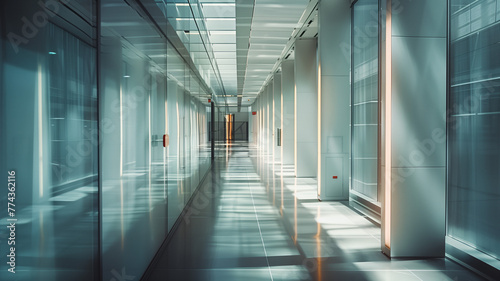 Sunlit Modern Office Corridor with Reflective Surfaces