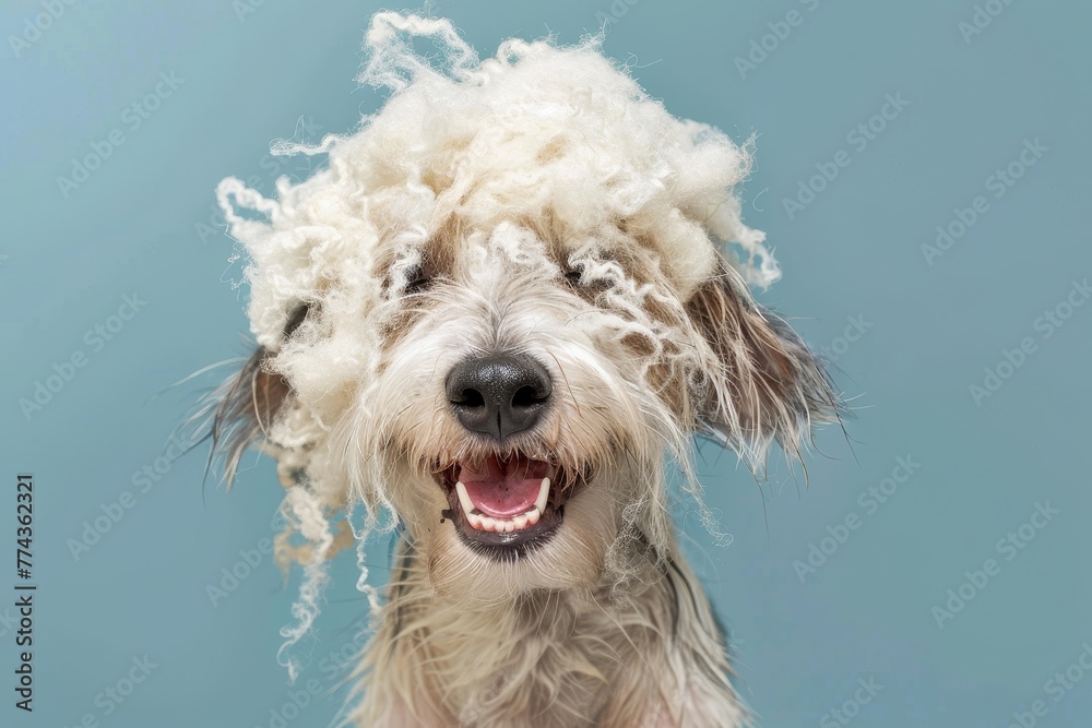 Dog wearing its own undercoat wig smiling on blue background Shedding Dog wearing its own undercoat wig smiling on blue background Shedding