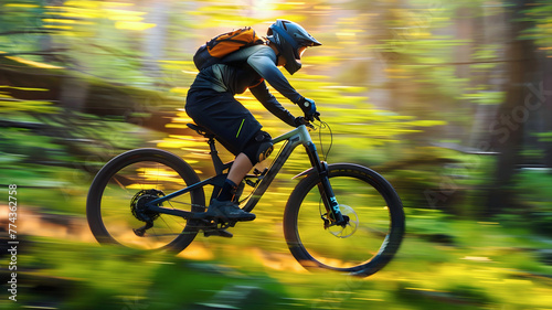 Sport and adventure concept, mountain biker riding downhill at sunset, extreme sport background, nature