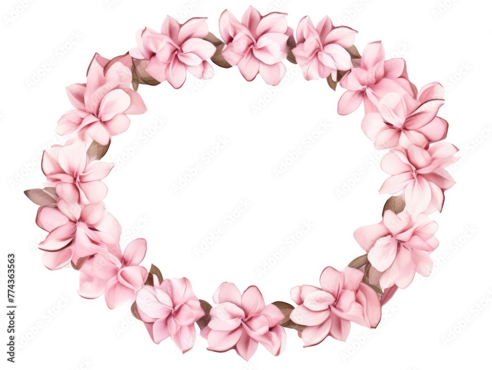 Pink thin barely noticeable flower frame with leaves isolated on white background pattern