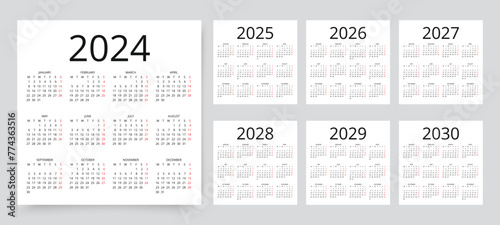 2024, 2025, 2026, 2027, 2028, 2029, 2030 calendars. Calender templates. Week starts Monday.