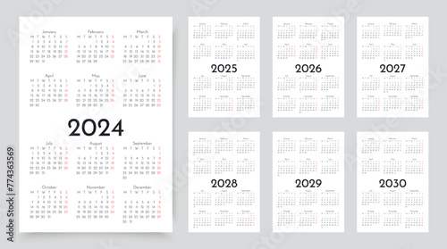 2024, 2025, 2026, 2027, 2028, 2029, 20230 years calendar. Pocket or wall calendars. Calender layouts.