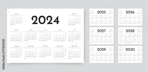 2024, 2025, 2026, 2027, 2028, 2029, 20230 years calendar. Week starts Monday. Pocket wall calendars
