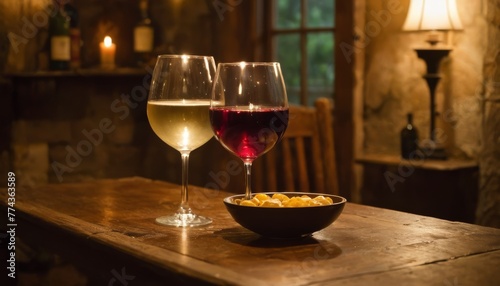 An inviting scene with glasses of red and white wine next to a bowl of snacks on a rustic wooden table  evoking warmth and hospitality.