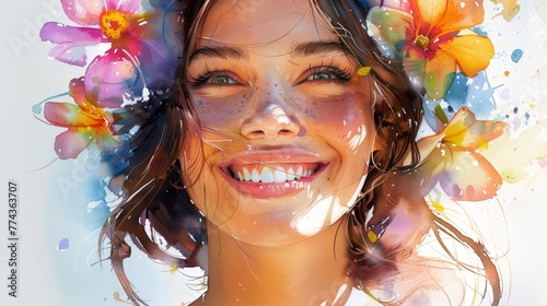 Middle-Aged Beautiful Woman Smiling, Floral Hair Accents in Watercolor Generative AI