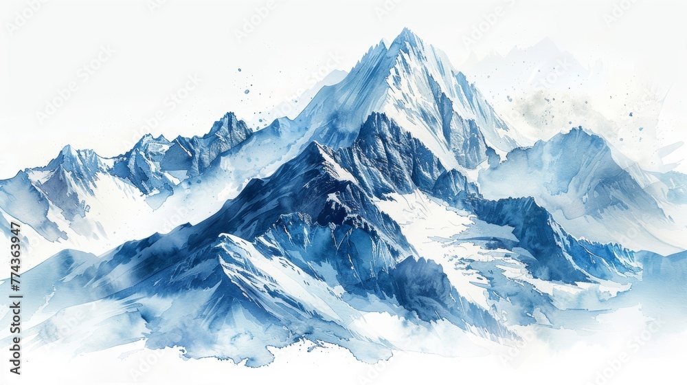 Tranquil Mountain Peaks in Watercolor Style on White Background Generative AI