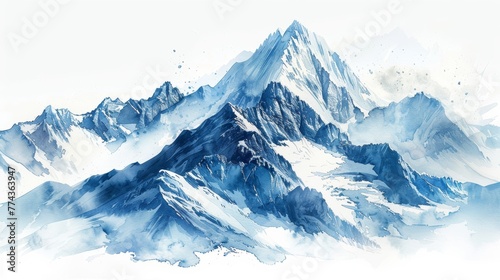 Tranquil Mountain Peaks in Watercolor Style on White Background Generative AI