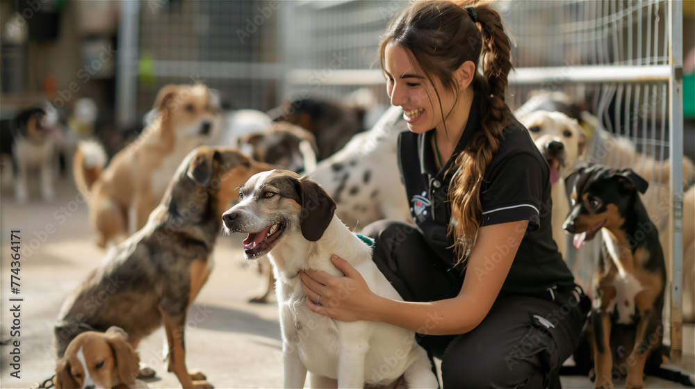 A female volunteer in uniform at an animal shelter, interacting with rescued dogs.