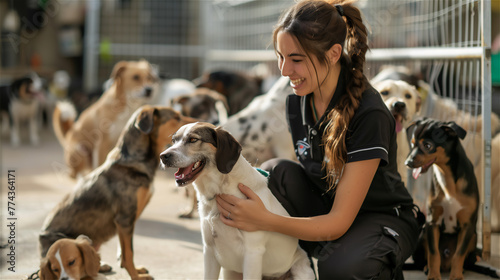 Obraz na płótnie A female volunteer in uniform at an animal shelter, interacting with rescued dogs. w salonie
