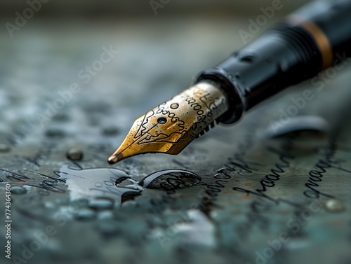 A pen is sitting on a piece of paper with water droplets on it