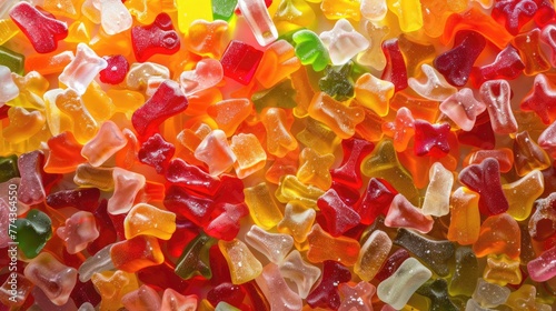 Assorted Gummy Candies on a Colorful Abstract Background - Top View Shot of Bright and Colorful Jelly Sweets Assortment Including Bears and Other Shapes photo