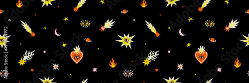Boho celestial magic art heart star comet flame fire background. Contemporary illustration seamless pattern in playful bohemian style. Mystic cosmic tarot aesthetic. Black red white yellow colors. (ID: 774364972)