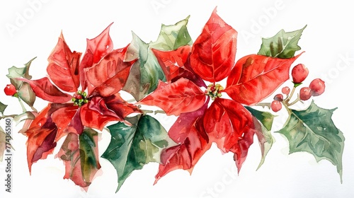 Watercolor Poinsettia Flower on White Background Generative AI photo