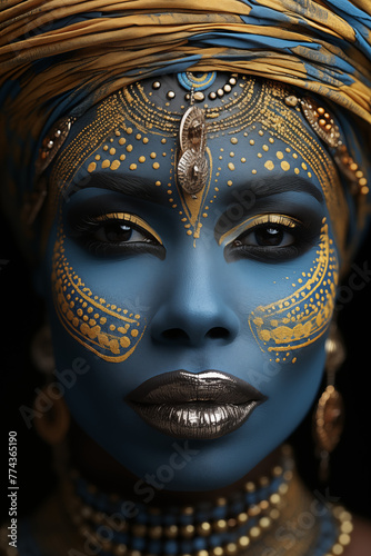 Afrikanische Frau mit blauem und goldenem Schmuck, Traditionelles Makeup, Makeup in blau und gold, Moderne und Tradition kombiniert