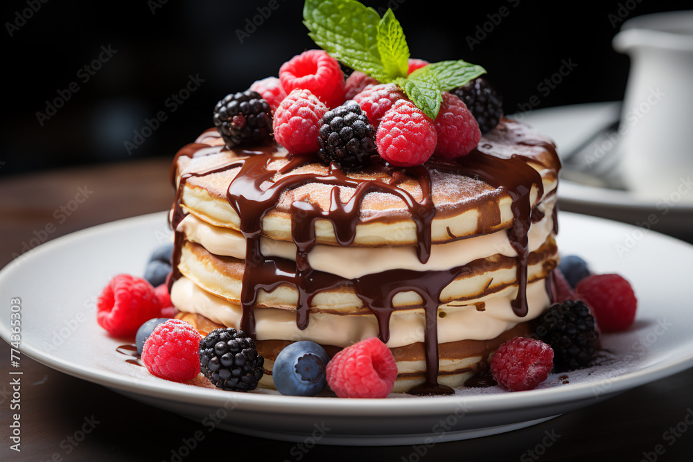 pancake cake with berries and chocolate, pancake cake with berries and chocolate,