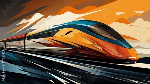 A futuristic logo icon resembling a sleek, high-speed train racing on tracks. photo