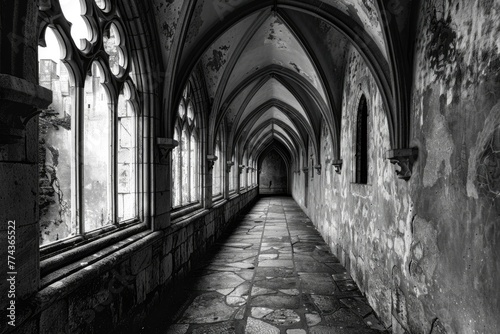 Castle Hallway in Tomar, Portugal with Ribbed Vaulted Ceiling and Mediaeval Architecture