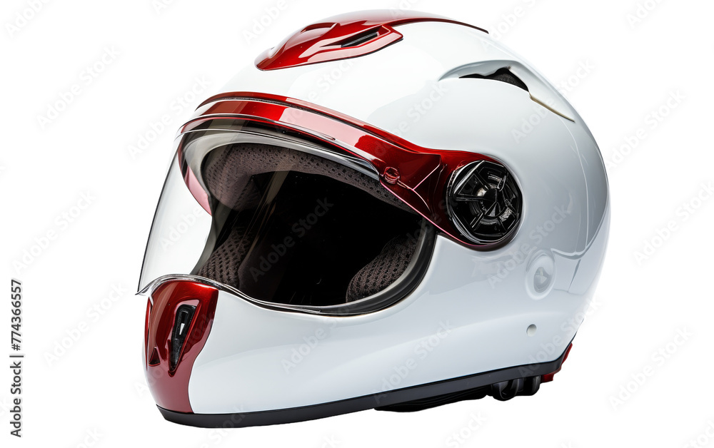 A white helmet with vibrant red accents on a reflective surface A white helmet with vibrant red accents on a reflective surface