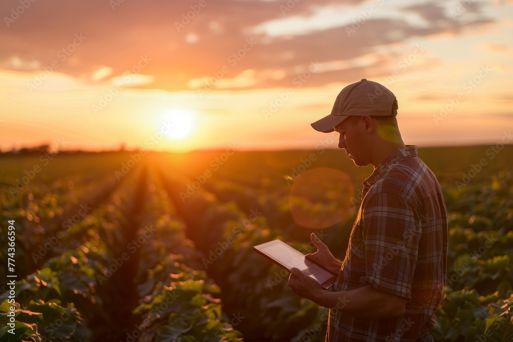 Agricultural Specialist Analyzing Crop Health in Evening Light