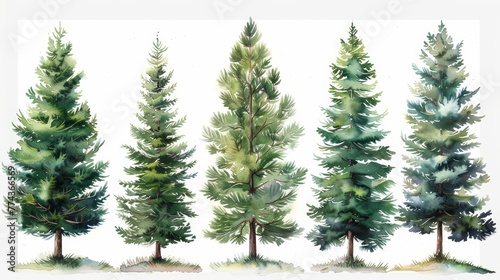 Pine Tree Watercolor Collection on White Background Generative AI © Alex