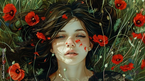 Woman Lying on Grass with Red Flower in Her Hair in Painterly Style Generative AI photo