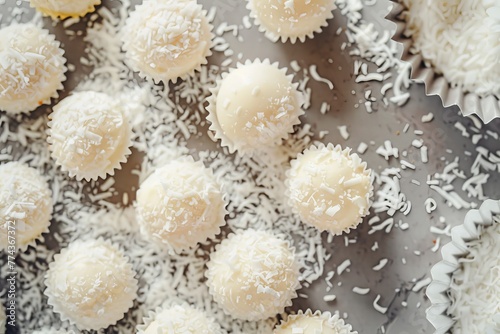 Coconut and white chocolate candy made at home Healthy dessert Raffaello Top view focus on candies © VolumeThings