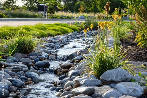 Rain Garden Bioswale with Flowing Water photo