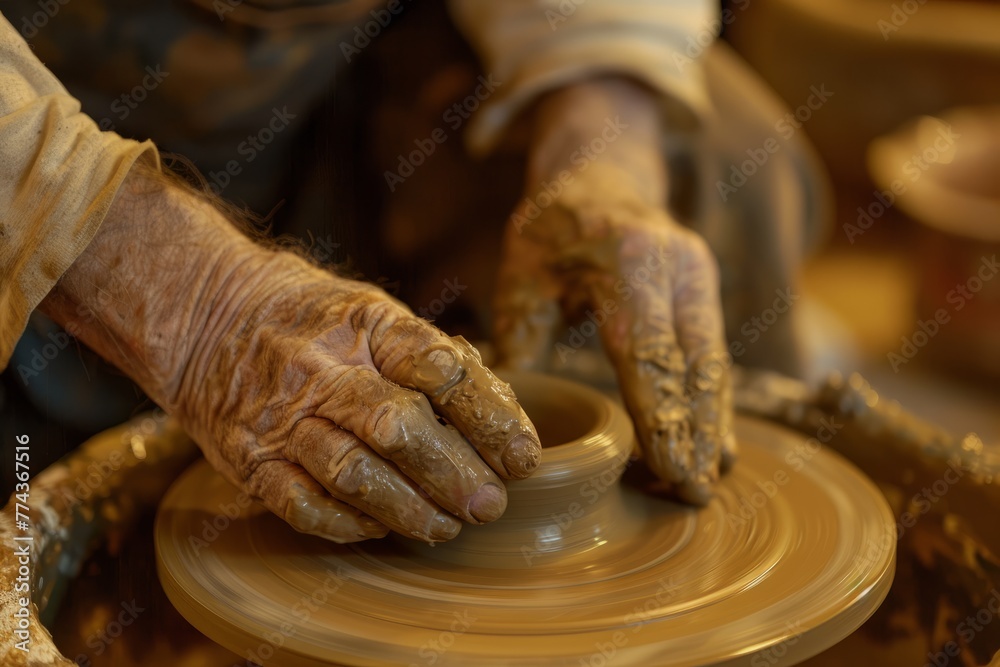 Skilled Potter Shaping Wet Clay, Focus on Hand Craft