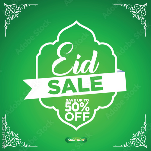 "Eid Sale" save up to 50% off vector illustration with Islamic border design on a green background. Eid special sale design. Sale Banner Or Poster design for the Eid Festival. Eps Format.