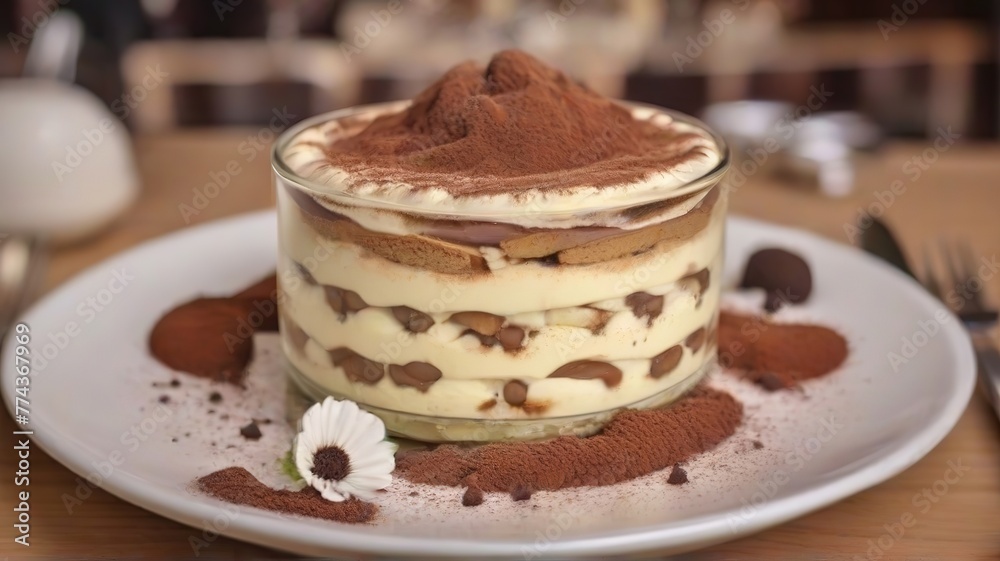 Piece of tiramisu cake on a plate in a restaurant, chocolate dessert Piece of tiramisu cake on a plate in a restaurant, chocolate dessert